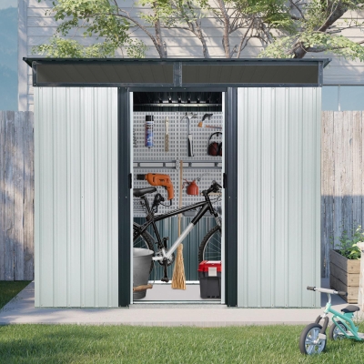 8ft x 6ft Outdoor Metal Storage Shed with Lockable Sliding Doors, Peaked Roof Metal House for Garden Tools, 93.5'' L x 68.5'' W x 77'' H, White+Black