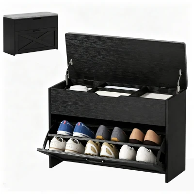 HOMCOM Shoe Storage Bench with Flip Drawer and Lift Top Storage, Entryway Bench with Seat Cushion for Hallway, Black