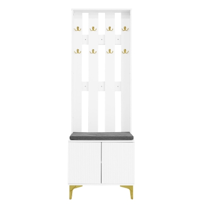 Coat Rack and Shoe Bench Set with Cushioned Seat and Adjustable Shelves, Entry Storage Unit with Wave-Panel Doors, 21.5'' L x 14'' W x 68.5'' H, White