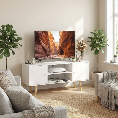 HOMCOM TV Stand Cabinet for TVs up to 55 Inches, Entertainment Unit with Storage Shelves and Wood Legs for Living Room, White
