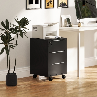 HOMCOM 3 Drawer File Cabinet with Wheels, Vertical Filing Cabinet with Lock, Black