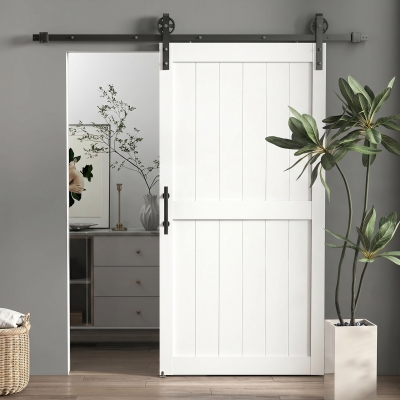 HOMCOM 42inx84in Barn Door with 7FT Sliding Door Hardware Kit, Handle, Upgraded Rollers and Floor Guide, Waterproof, White