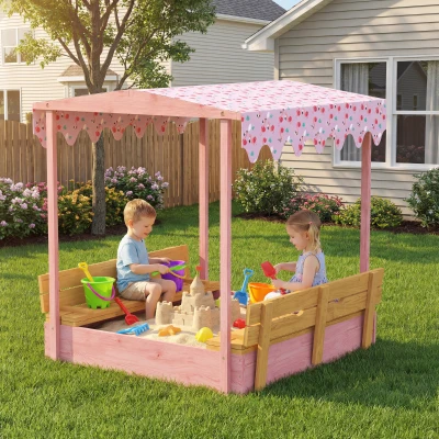 Qaba Kids Wooden Sandbox with Canopy & Cover, Flamingos Print, Pink