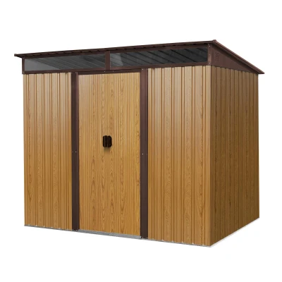 8ft x 6ft Outdoor Metal Storage Shed with Lockable Sliding Doors, Peaked Roof Metal House for Garden Tools, 93.5'' L x 68.5'' W x 77'' H, Coffee