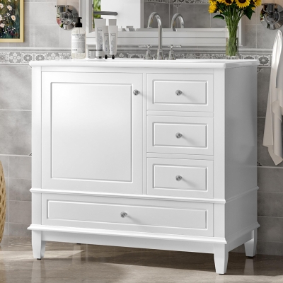 Spacious Bathroom Vanity with 3 Drawers and One-Door Cabinet, Freestanding Cabinet for Small Bathrooms, 36" L x 18.5" W x 33.5" H, White