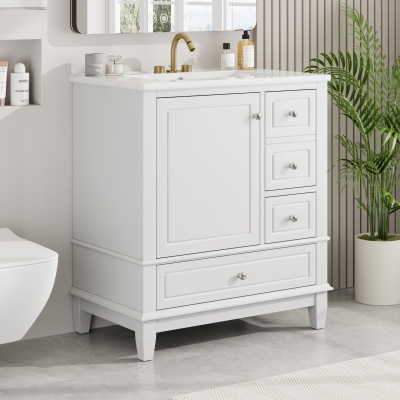 Stylish Bathroom Vanity with Easy-Clean Ceramic Sink and 3 Pre-Drilled Holes, Ideal Cabinet for Modern Bathrooms, 30" L x 18.5" W x 33.5" H, White
