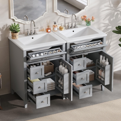 Double Bathroom Vanities with Tip-Out Top Drawer and 3 Pull-Out Drawers, Stylish Cabinets with Freestanding Design, 48" L x 18.5" W x 34" H, Gray