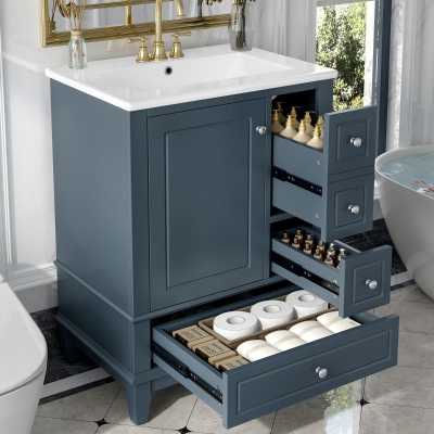 Spacious Bathroom Vanity with 3 Drawers and One-Door Cabinet, Freestanding Cabinet for Small Bathrooms, 24" L x 18.5" W x 34" H, Blue Gray