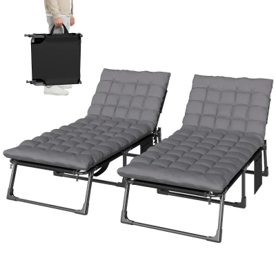 Outsunny 29.5" Wide Folding Chaise Lounge Chair Outdoor Tanning Chair Set of 2, Camping Cot with Cushion, Side Pocket, Dark Grey