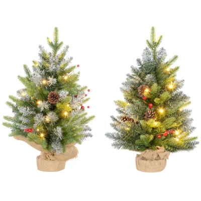 HOMCOM Set of 2 2ft Pre-Lit Artificial Christmas Trees with 20 Warm White Lights and 141 Tips, Burlap Base, Xmas Tree, Green