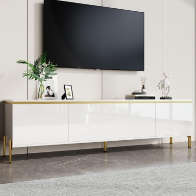 Modern High-Gloss TV Stand with Built-In Cable Management, Metal Legged TV Cabinet with Easy-Clean Surface, 67'' L x 15'' W x 19.5'' H, White
