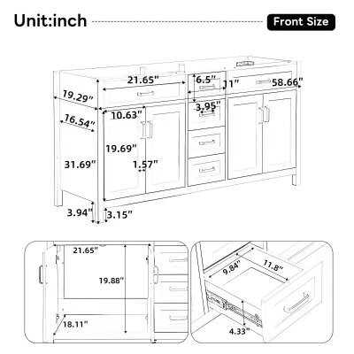 Bathroom Vanity Cabinet Base with 4 Drawers and 4 Doors, Soft Close Storage Cabinet for Traditional Décors, 58.5'' L x 19'' W x 31.5'' H, White