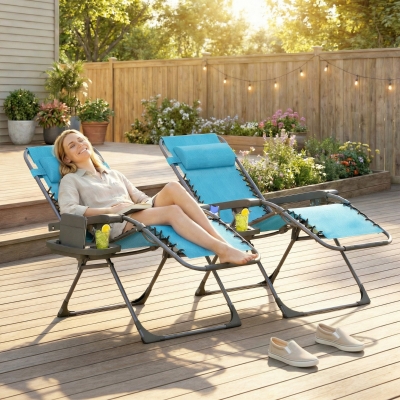 Outsunny Zero Gravity Chair Set of 2, Folding Reclining Outdoor Lounge Chair with Cup Holder, Headrest, Sky Blue