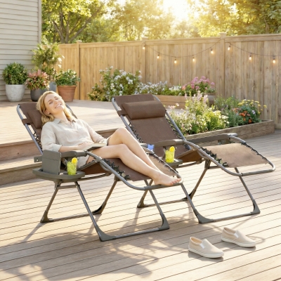 Outsunny Zero Gravity Chair Set of 2, Folding Reclining Outdoor Lounge Chair with Cup Holder, Headrest, Brown