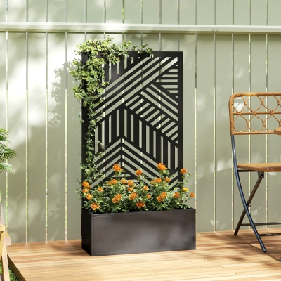 Outsunny Metal Planter Box with Trellis, 44.5" Raised Garden Bed with Trellis Privacy Screen for Climbing Plants