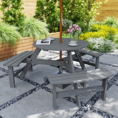 Outsunny 6 Person Round Picnic Table Bench Set with Umbrella Hole, Wood Patio Table with 3 Built-in Benches for Garden, Deck, Backyard, Grey