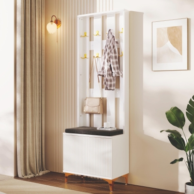 Coat Rack and Shoe Bench Set with Cushioned Seat and Adjustable Shelves, Entry Storage Unit with Wave-Panel Doors, 21.5'' L x 14'' W x 68.5'' H, White