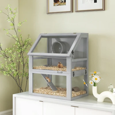 PawHut 3-Tier Wooden Hamster Cage with Wheel & Ramps, 24"x16"x29.5"