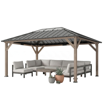 Outsunny 12' x 16' Hardtop Gazebo with Steel Roof, Light Walnut