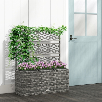 Outsunny Wicker Raised Garden Bed with Trellis, 42" Tall Outdoor Planter Box, Mixed Grey