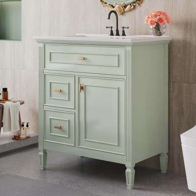 Spacious Vanity with Tip-Out Top Drawer and 2 Left-Side Drawers, Ideal Cabinet for Small-To-Medium Bathrooms, 30" L x 18.5" W x 33.5" H, Green