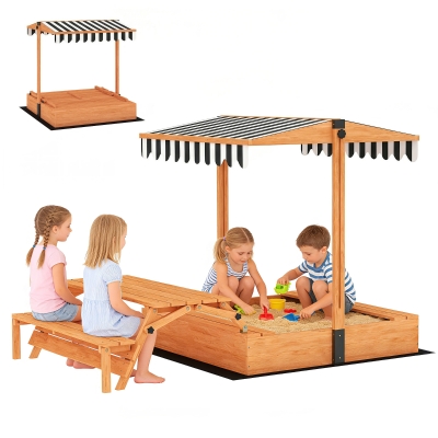 Qaba Kids Wooden Sandbox with Canopy, Picnic Table, Bench, Brown