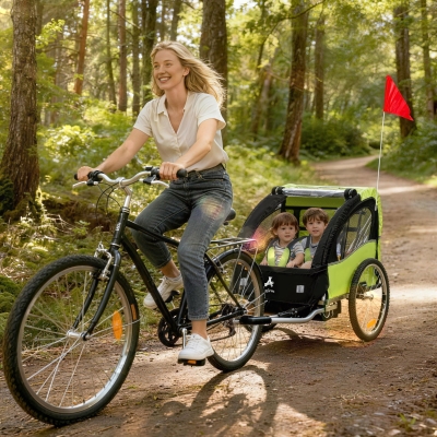 Aosom 2 Seat Bike Trailer for Kids, Bicycle Trailer with Storage Bag, 5 Point Harness, Bicycle Trailer with 20" Wheels, Green