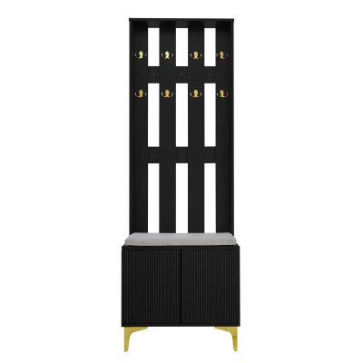 Coat Rack and Shoe Bench Set with Cushioned Seat and Adjustable Shelves, Entry Storage Unit with Wave-Panel Doors, 21.5'' L x 14'' W x 68.5'' H, Black