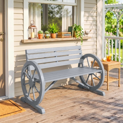 Outsunny 42" Wood Wagon Wheel Bench Garden Loveseat Rustic Seat Relaxing Lounge Chair Outdoor Decorative Seat Park Decor, Grey