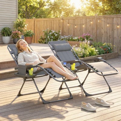 Outsunny Zero Gravity Chair Set of 2, Folding Reclining Outdoor Lounge Chair with Cup Holder, Headrest, Dark Grey