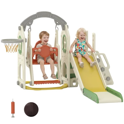 Qaba 6-in-1 Toddler Slide and Swing Set with Adjustable Swing Seat, Ladder, Climbing Wall, Basketball Hoop for Indoor Outdoor