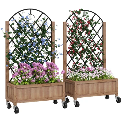 Outsunny Raised Garden Bed with Metal Trellis, Elevated Planter Box with Wheels and Drainage Holes, 20.5" x 9.8" x 38.2", Brown