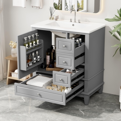 Stylish Bathroom Vanity with Easy-Clean Ceramic Sink and 3 Pre-Drilled Holes, Ideal Cabinet for Modern Bathrooms, 30" L x 18.5" W x 33.5" H, Gray