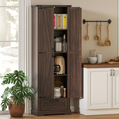 HOMCOM 71" Kitchen Pantry Cabinet with Barn Doors & Drawer, Brown