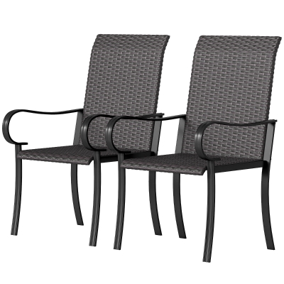Outsunny Set of 2 Wicker Dining Chairs with Armrests, Brown