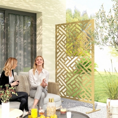 Outsunny Metal Outdoor Privacy Screen, Freestanding Outdoor Divider with Stand, 79" x 47", Gold