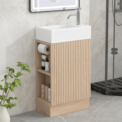 Practical Bathroom Vanity with 2-Tier Shelves and Toilet Paper Holder, Compact Cabinet for Small Bathrooms, 18.5" L x 10.5" W x 33" H, Natural Wood