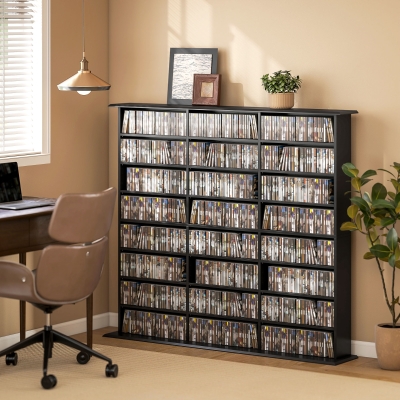HOMCOM Media Storage Cabinet, 8-Tier DVD Shelf with 18 Adjustable Shelves, Holds 1032 CDs, 594 DVDs or Blu-rays, Black
