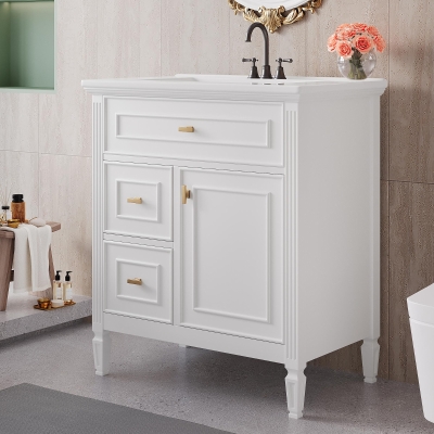 Spacious Vanity with Tip-Out Top Drawer and 2 Left-Side Drawers, Ideal Cabinet for Small-To-Medium Bathrooms, 30" L x 18.5" W x 33.5" H, White