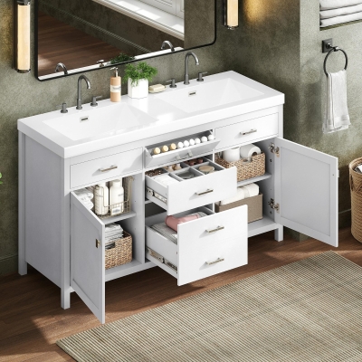 59-inch Double Sink Bathroom Vanity with Built-In Overflow, Transitional Bathroom Cabinet with Soft-Close Doors, 59'' L x 19.5'' W x 34'' H, White