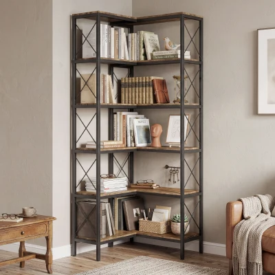 HOMCOM 5-Tier L-Shaped Bookcase, Metal Frame, Rustic Brown
