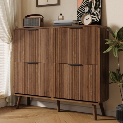 Modern Shoe Cabinet with Solid Tapered Wood Legs, Walnut Shoe Organizer with Double-Tier Storage, 41.5'' L x 9.5'' W x 36'' H, Walnut