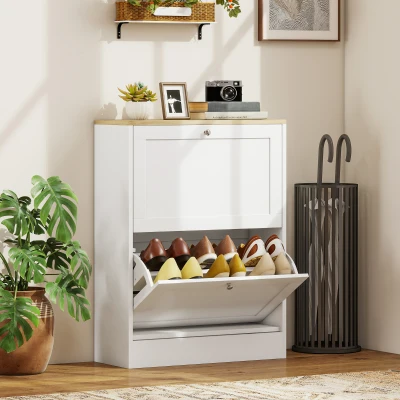 HOMCOM Modern Slim Shoe Cabinet with 2 Flip Drawers, White