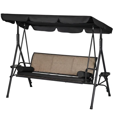 Outsunny Outdoor 3-Seat Porch Swing with Canopy, Rattan Seat, Removable Cushion, Pillows and Steel Frame