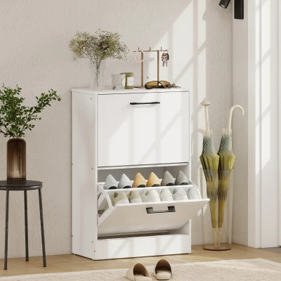 HOMCOM Shoe Cabinet 2 Flip Drawers Adjustable Dividers, White