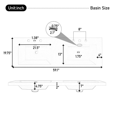 60-inch Resin Vanity Top with Undermount Rectangular Double Sinks, Undermount Sink Countertop with Built-In Overflow, 59'' L x 19.5'' W x 7'' H, White