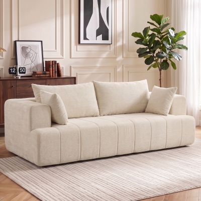 HOMCOM 3 Seater Sofa, Chenille Boneless Cloud Couch with Thick Spring Cushion, Wide and Deep Seat, Wide Armrests, Beige