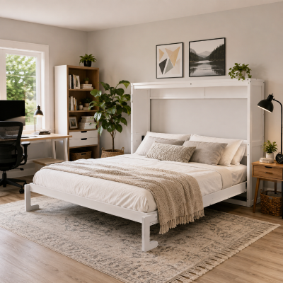 Full Size Murphy Wall Bed with Dual-Piston Folding Mechanism, Fold-Away Cabinet with Slatted Mattress, 77.5'' L x 61.5'' W x 62'' H, White