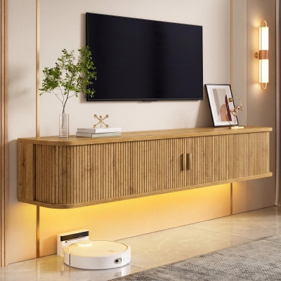 Wall-Mount Floating TV Cabinet with Built-In Cable Management, Sleek Modern Wooden Media Console with Open Shelves, 69'' L x 12'' W x 12'' H, Natural