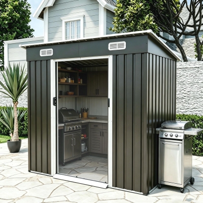 6x4ft Metal Shed with Ventilation Grilles and Sturdy Threshold, Galvanized Steel Outdoor Storage with Sliding Double Doors,77'' L x 48'' W x 71'' H, Black